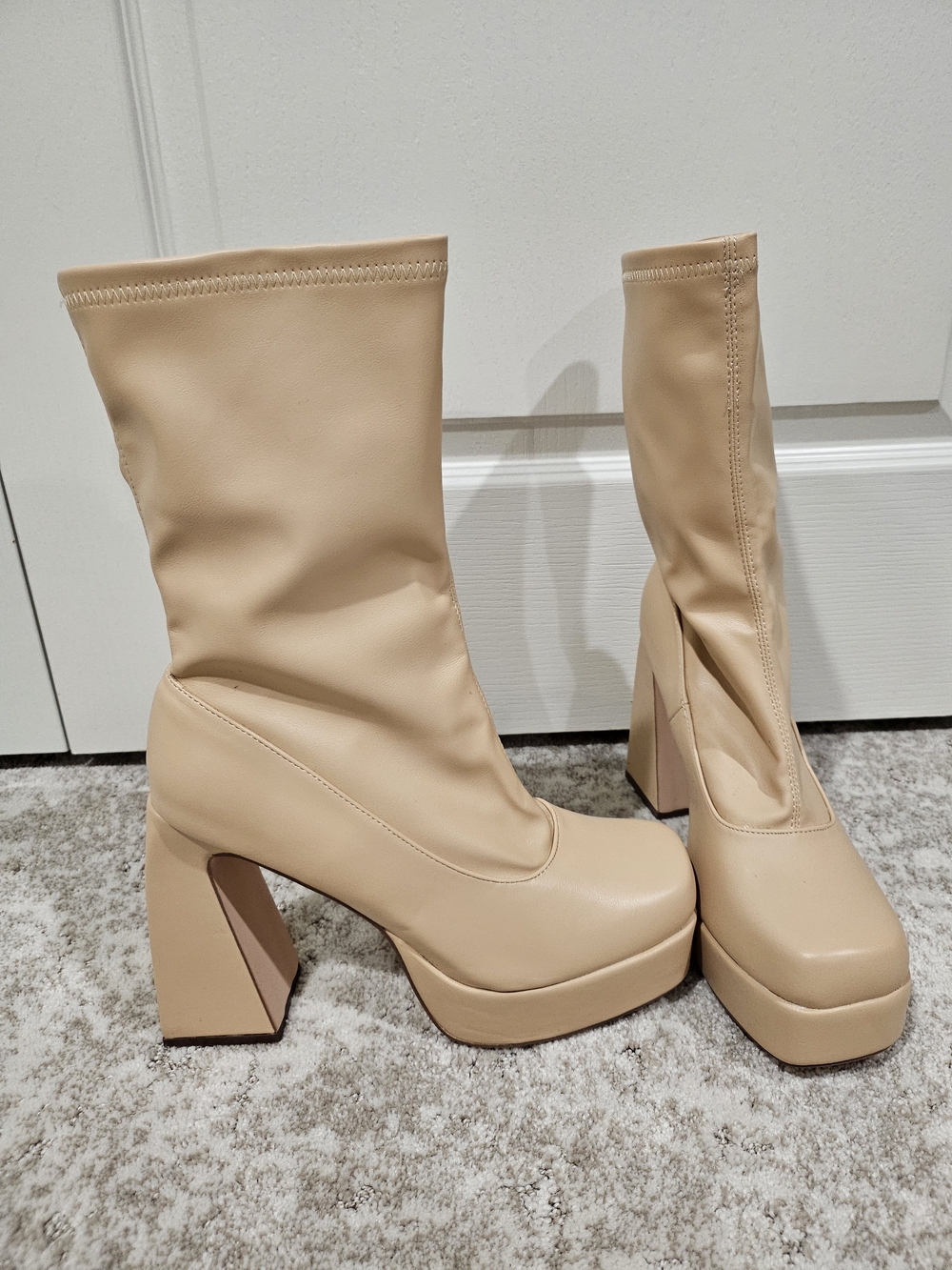 Chase + Chloe Nude Tan Platform Block Heel Sock Boots